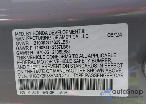 2024 Honda Accord Hybrid Touring from USA, damaged, VIN 1HGCY2F88RA075343